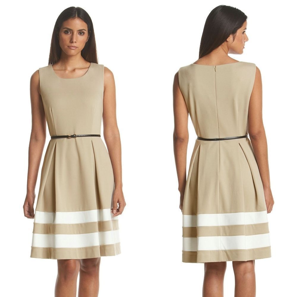 New! CALVIN KLEIN Women's Belted Ponte Knit Striped Hem Dress Color Khaki/Ivory
